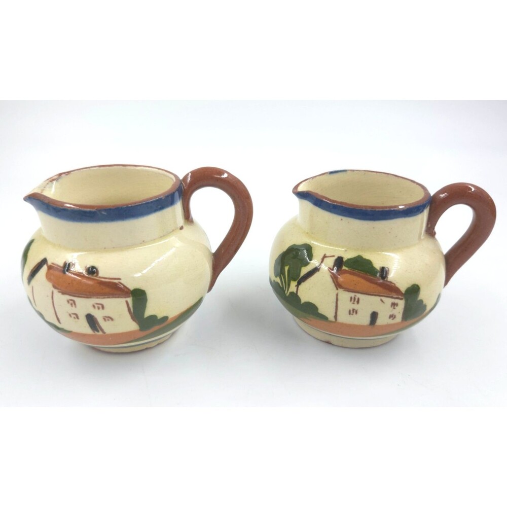 2 Vtg Devon Motto Ware Small Creamer Pitcher Time Ripens All Things Hand Painted